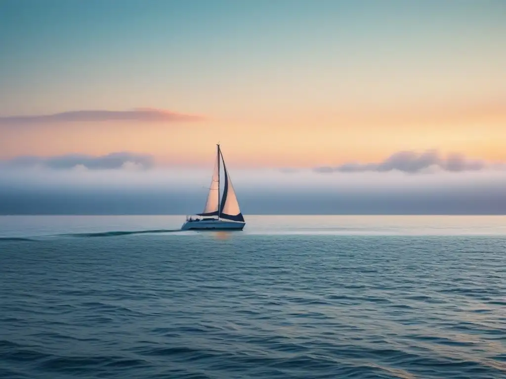 Un velero elegante surca el mar al atardecer en una ilustración minimalista detallada