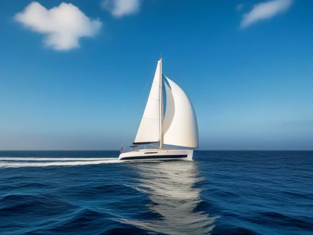 Un velero elegante surca el mar azul con viento en las velas, representando la meteorología para navegantes viento mar