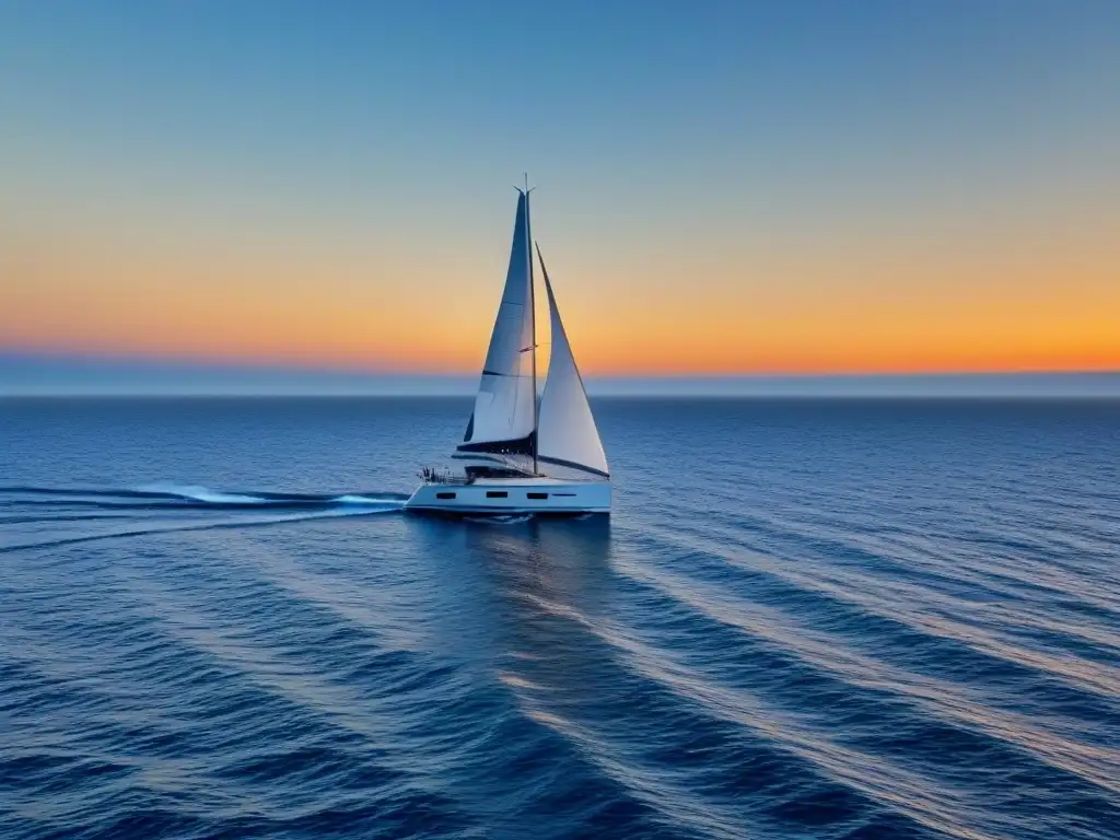 Un velero elegante surca el mar azul bajo el sol dorado