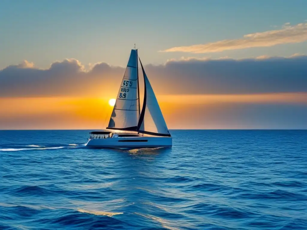 Un velero elegante surcando el mar azul, con velas blancas ondeando al viento mientras el sol se pone en el horizonte