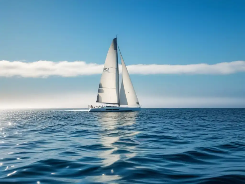 Un velero elegante surca el mar en calma bajo un cielo azul, destacando la belleza y simplicidad de la vela