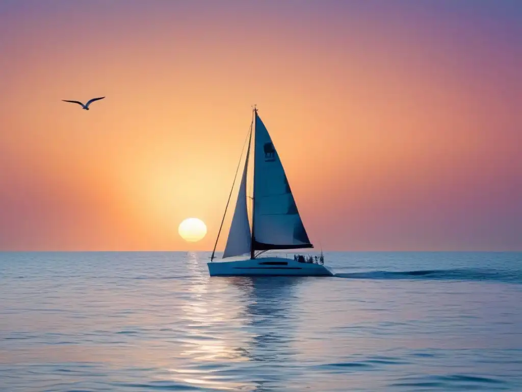 Un velero elegante navegando en un mar sereno al atardecer, rodeado de gaviotas