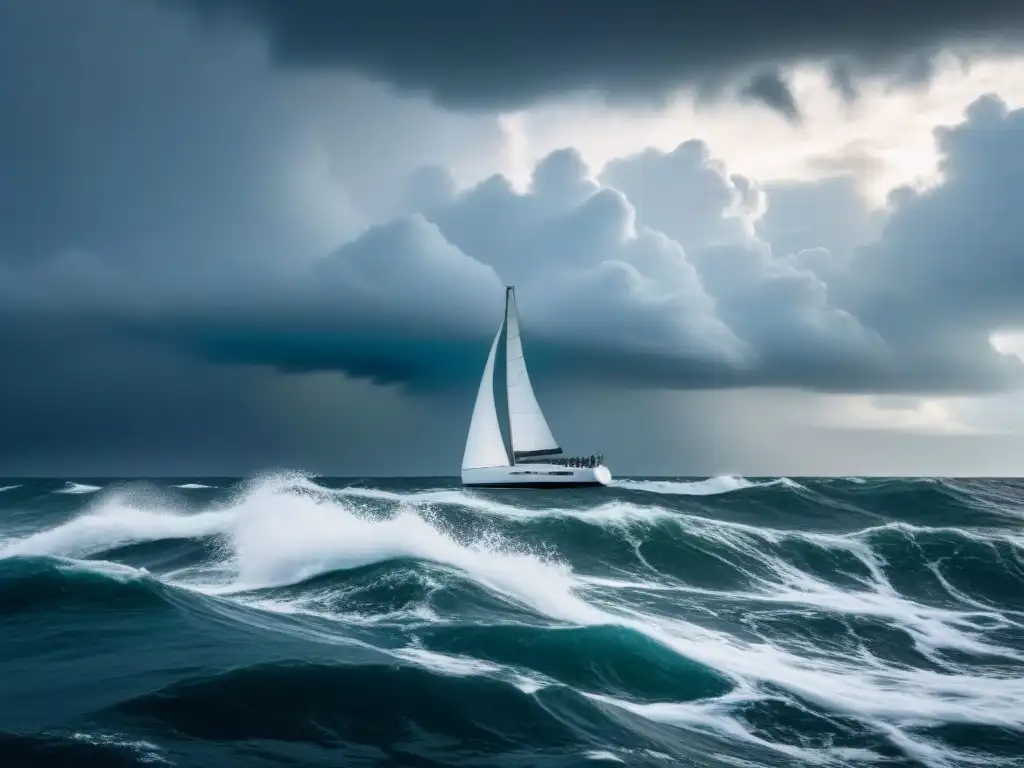 Un velero elegante surcando mares turbulentos bajo un cielo dramático, destacando la fuerza y belleza del mar en un estilo minimalista