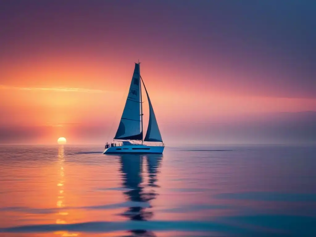 Un velero elegante surca el océano al atardecer, reflejando la calma del mar