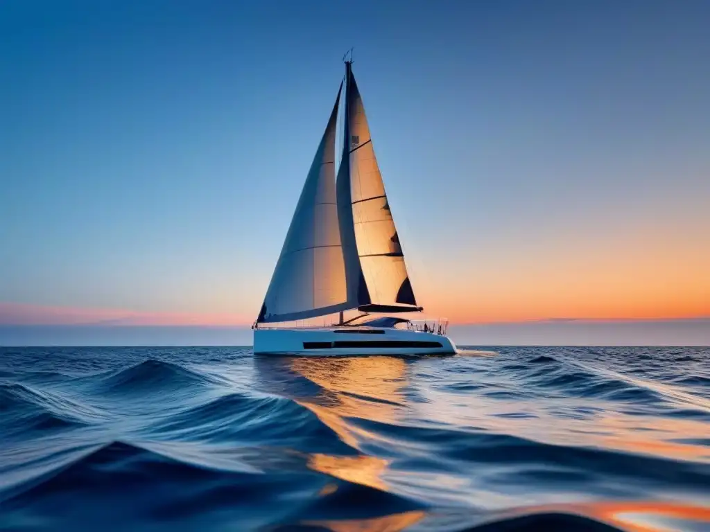 Un velero elegante desafiando el océano al atardecer con sus velas blancas, reflejando tranquilidad y aventura en regatas oceánicas marítimas