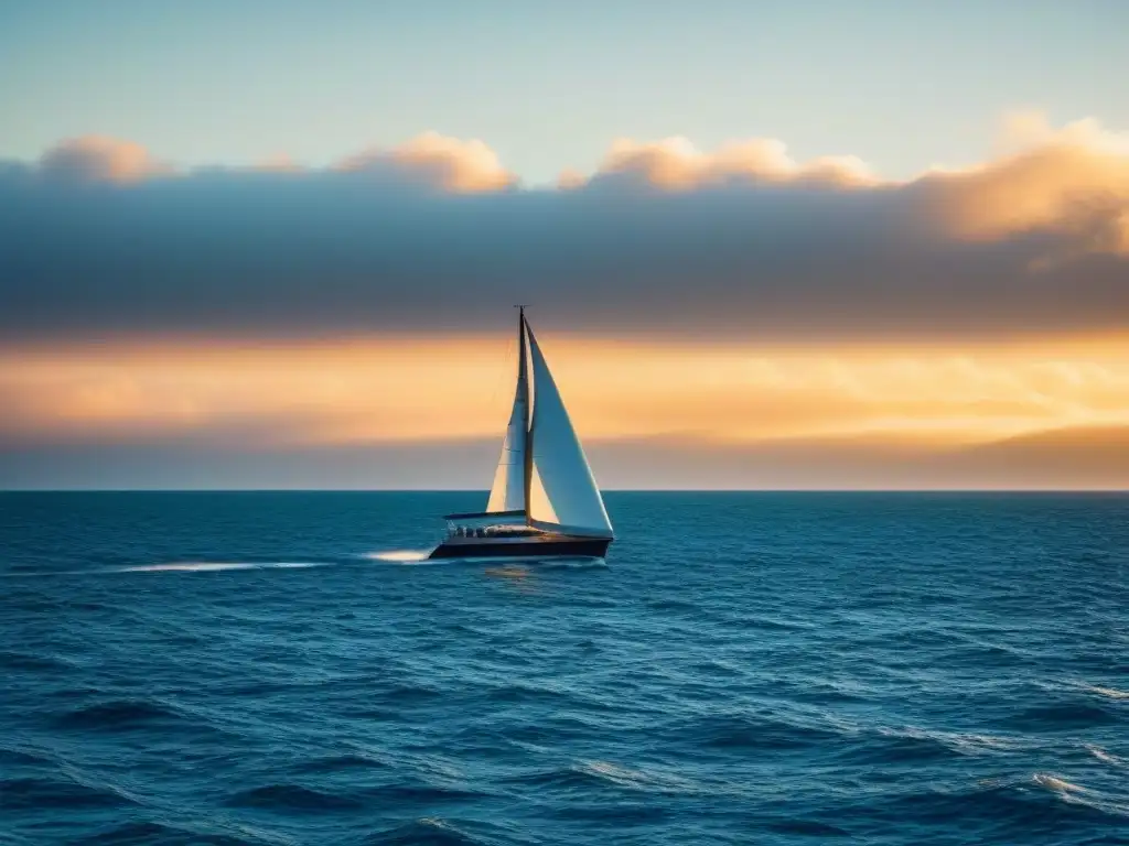 Un velero elegante surca un océano sereno al atardecer