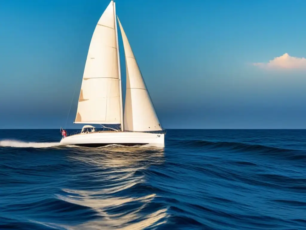 Un velero elegante surcando las olas al atardecer, reflejando historias inspiradoras regatistas marítimos