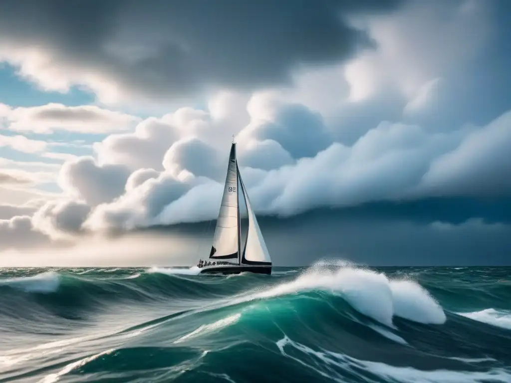 Un velero elegante surca olas turbulentas bajo un cielo dramático, con el viento doblando las velas