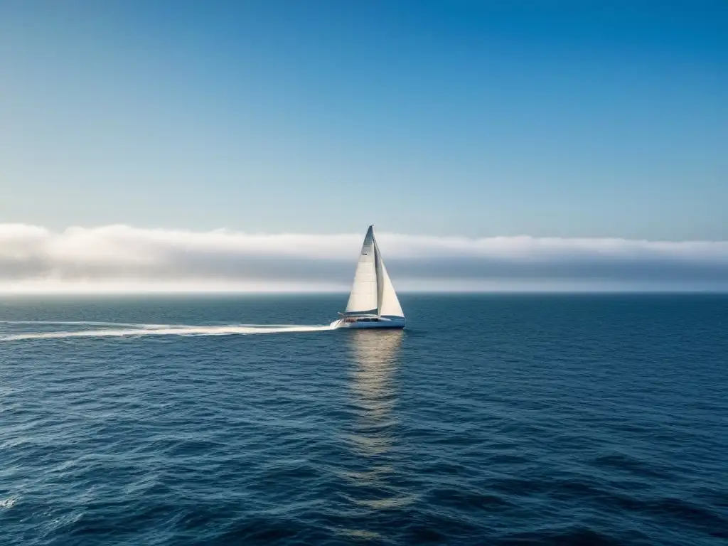 Un velero elegante y sereno navegando en aguas cristalinas bajo un cielo azul sin nubes