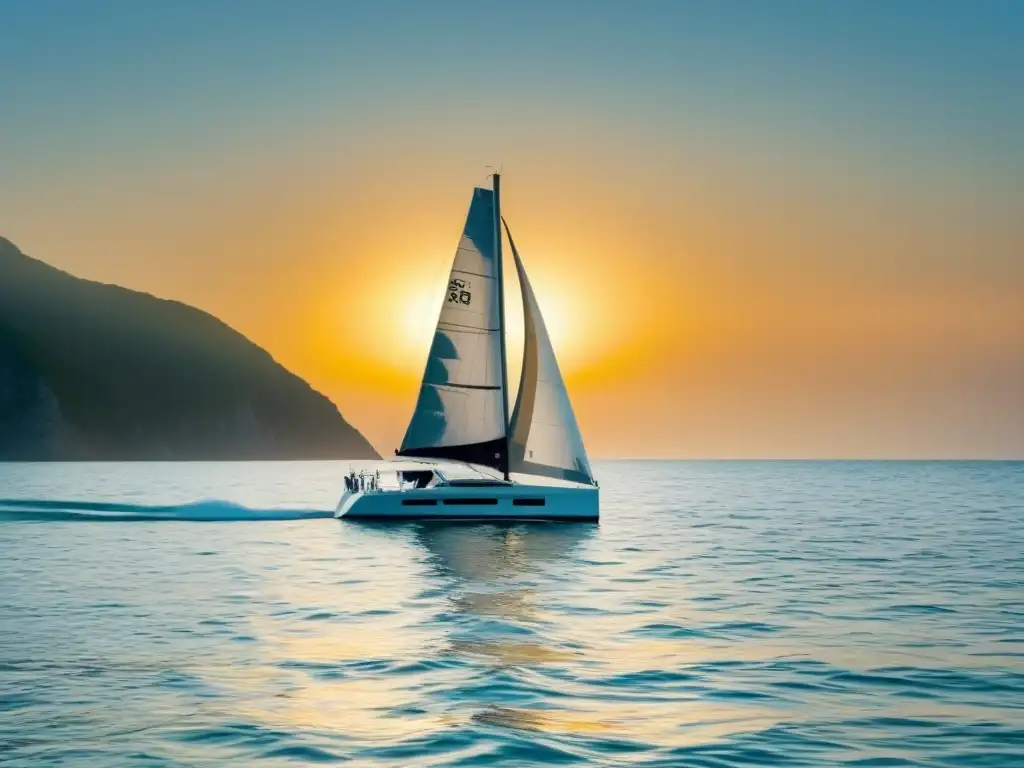 Un velero elegante surca tranquilas aguas turquesas al atardecer, iluminado por una cálida luz dorada