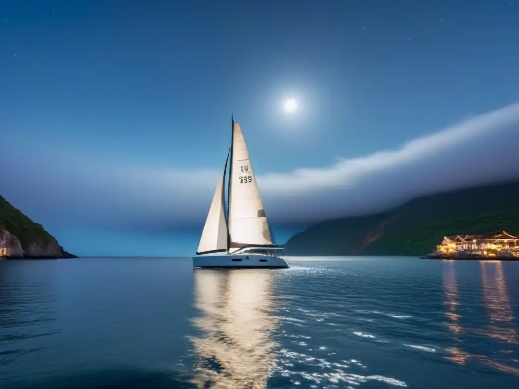 Un velero se desliza bajo las estrellas en un mar tranquilo, creando una experiencia mágica de vela nocturna en un crucero