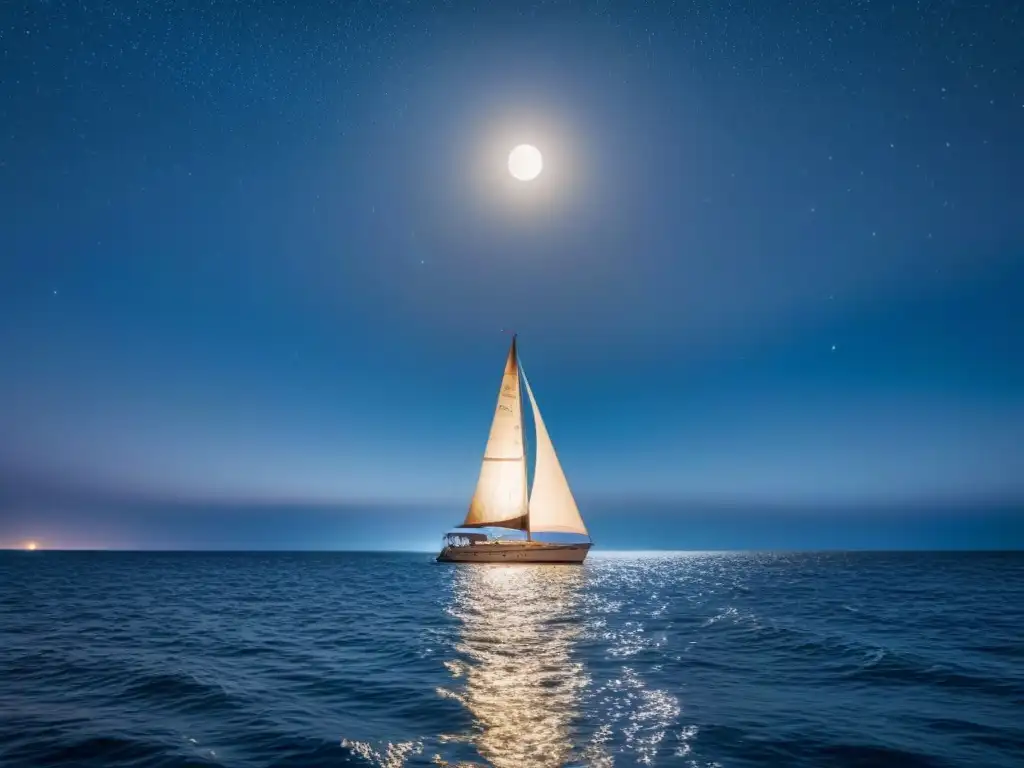 Un velero navega bajo las estrellas en un mar tranquilo