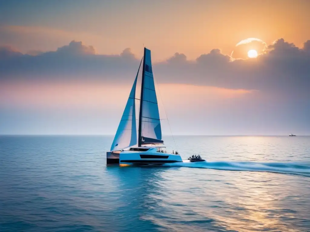 Un velero futurista con tecnología eco en aguas cristalinas al atardecer