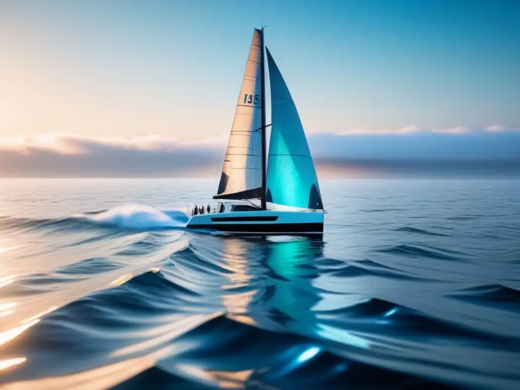 Un velero futurista surcando un mar digital con tecnología en regatas marítimas