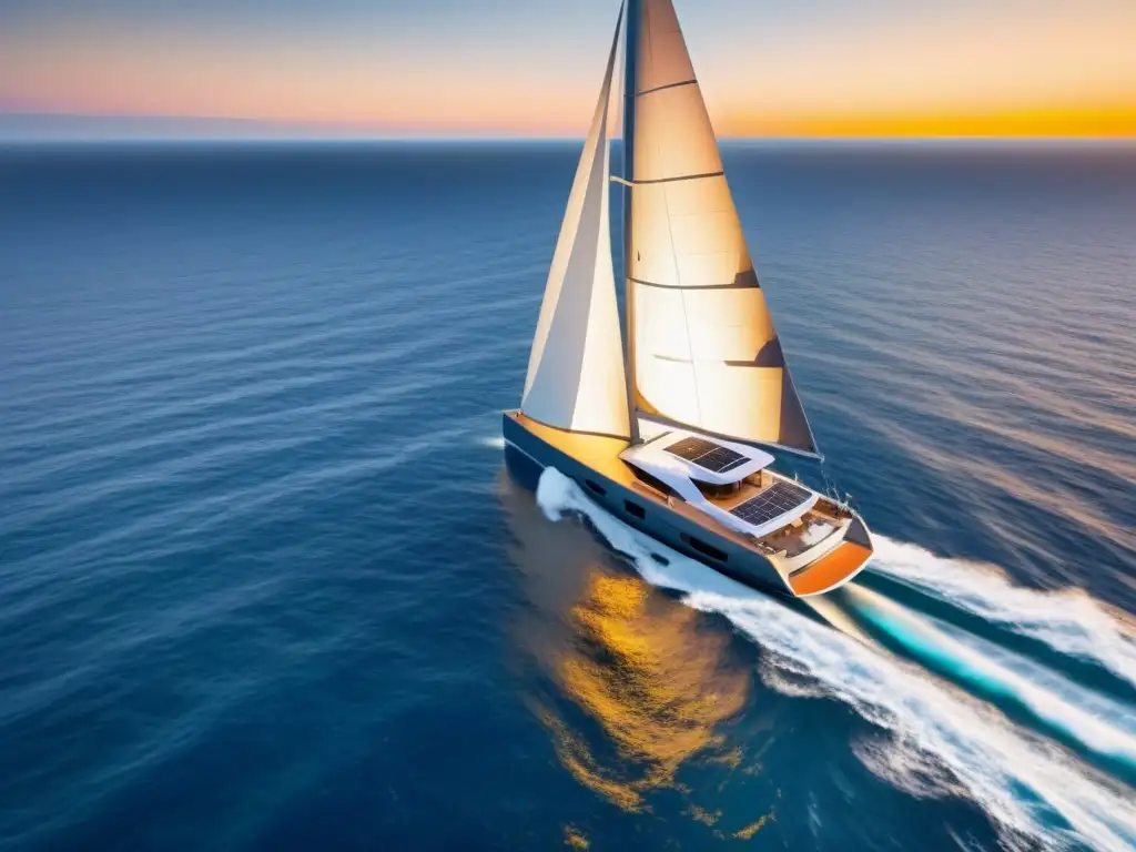 Un velero futurista con tecnología impermeable sostenible navega elegantemente bajo un atardecer dorado en aguas cristalinas