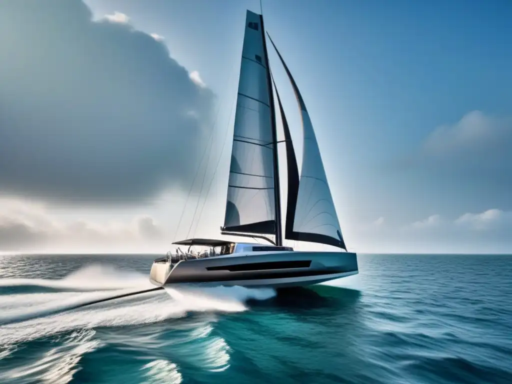 Un velero futurista con tecnología en regatas marítimas surca el agua con elegancia y precisión, fusionando tradición e innovación