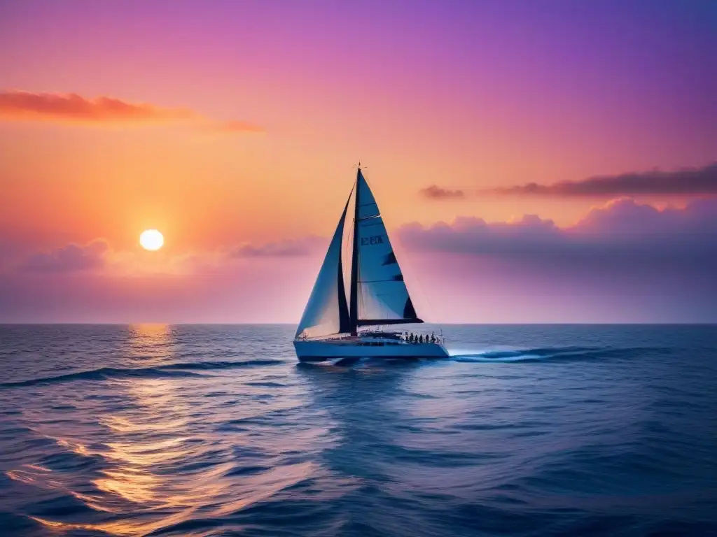 Un velero navega con gracia en un mar sereno al atardecer, transmitiendo liderazgo en equipos marítimos