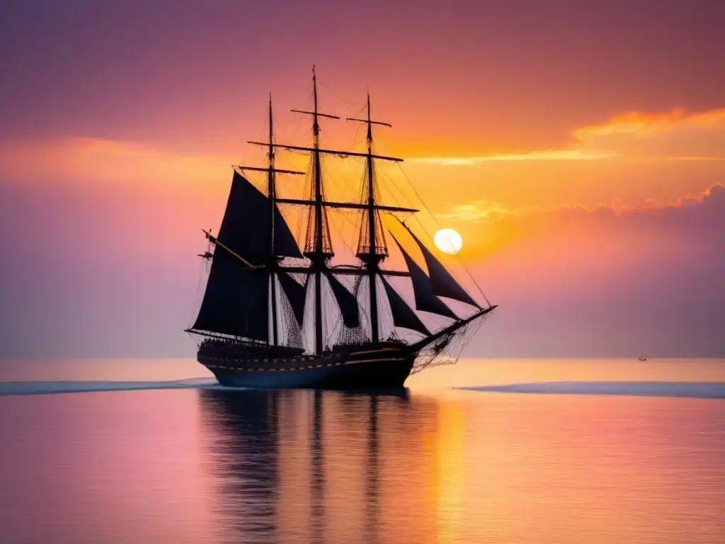 Un velero histórico navegando en aguas tranquilas al atardecer, creando una atmósfera de aventuras en alta mar