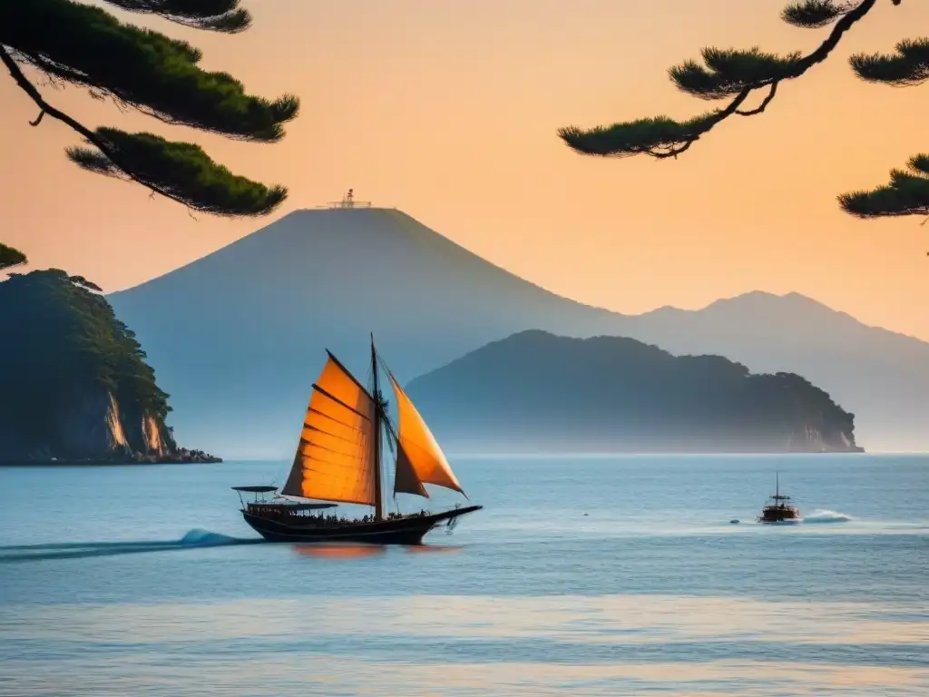 Un velero japonés tradicional navega con gracia por el Mar Interior de Seto al amanecer, con el icónico torii flotante de Miyajima de fondo