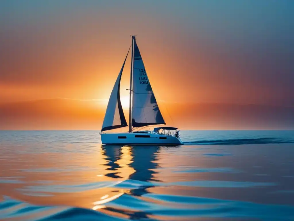 Velero minimalista surca aguas azules al atardecer, mientras historias navegantes conquistaron mares