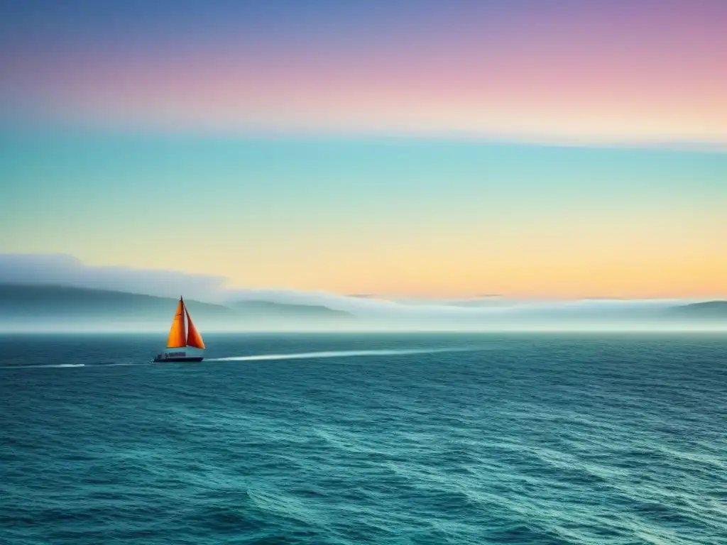 Un velero minimalista surca el horizonte en un tranquilo mar, simbolizando aprender idioma mientras navegas