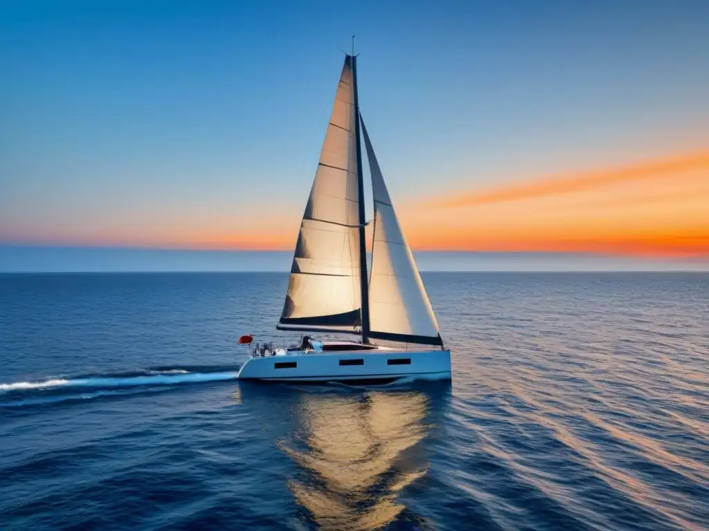 Un velero moderno compitiendo en aguas cristalinas al atardecer