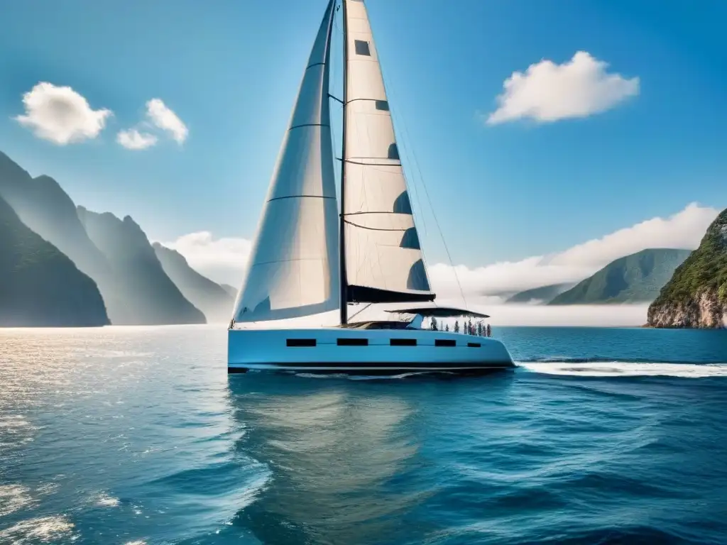 Un velero moderno surcando aguas cristalinas con diseño innovador