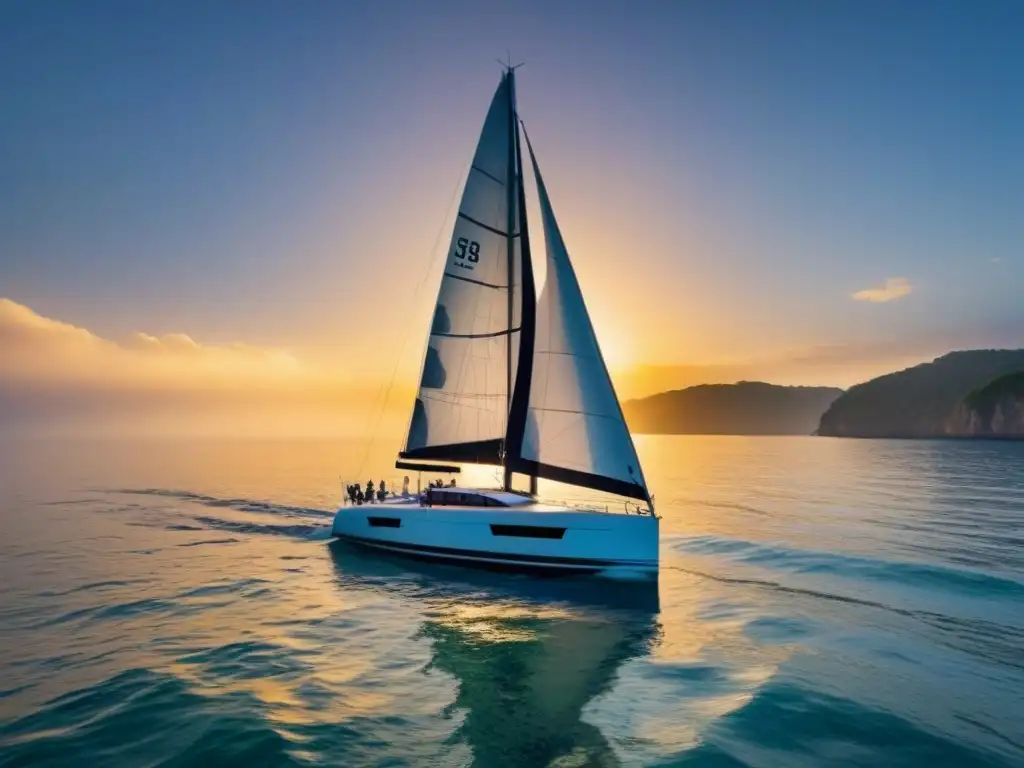 Velero moderno surcando aguas cristalinas al atardecer, reflejando tendencias tecnología diseño veleros