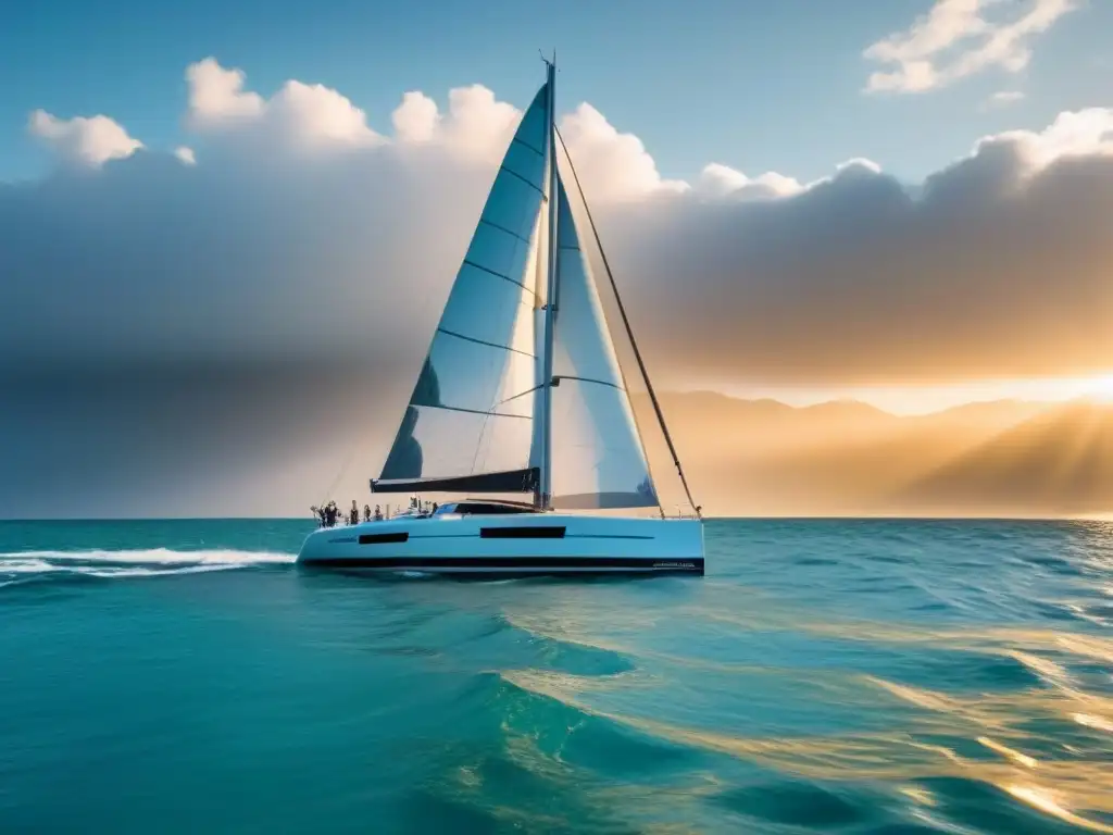 Velero moderno surcando aguas cristalinas al atardecer, con velas blancas ondeando al viento en técnicas avanzadas rendimiento marítimo