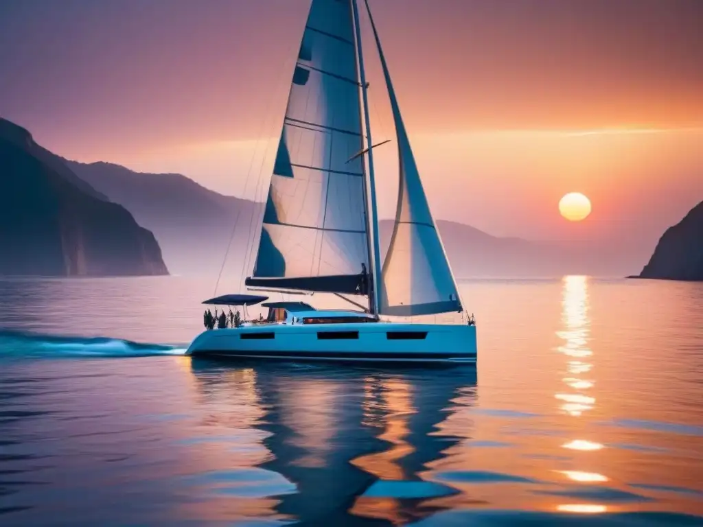 Un velero moderno navegando en aguas cristalinas al atardecer, reflejando técnicas avanzadas de rendimiento marítimo