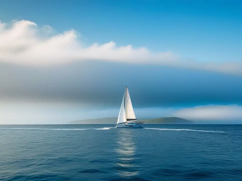 Un velero moderno navega en aguas tranquilas y cristalinas bajo un cielo despejado