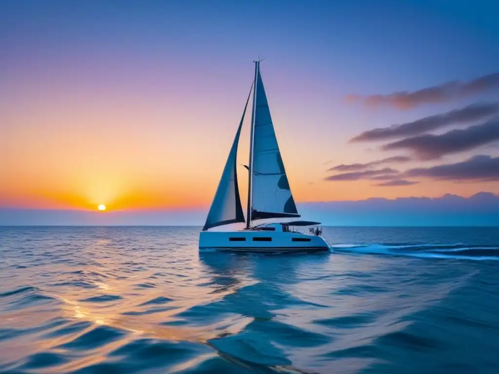 Un velero moderno navegando en aguas tranquilas al atardecer, representando el turismo marítimo sostenible innovador