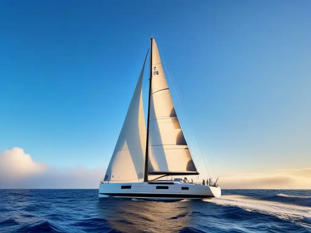 Un velero moderno cortando el océano azul bajo el sol, con velas blancas al viento