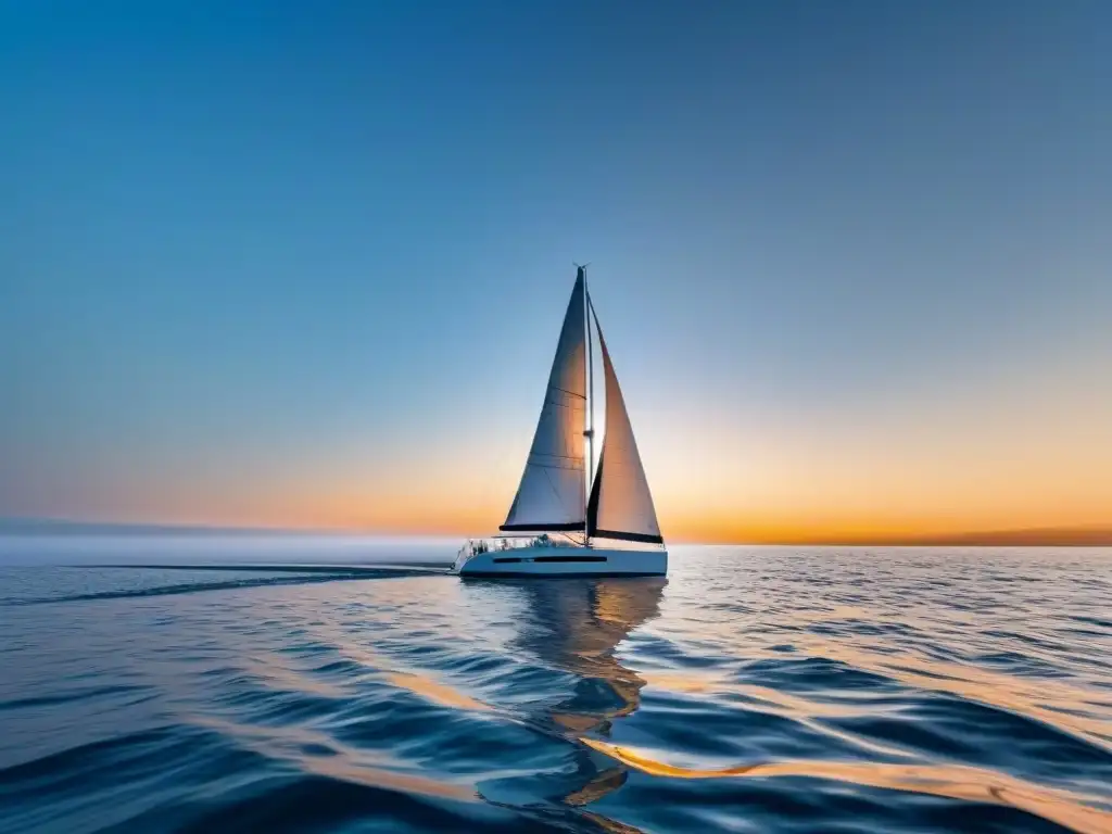 Un velero moderno navegando bajo un cielo azul, con el sol dorado en el horizonte