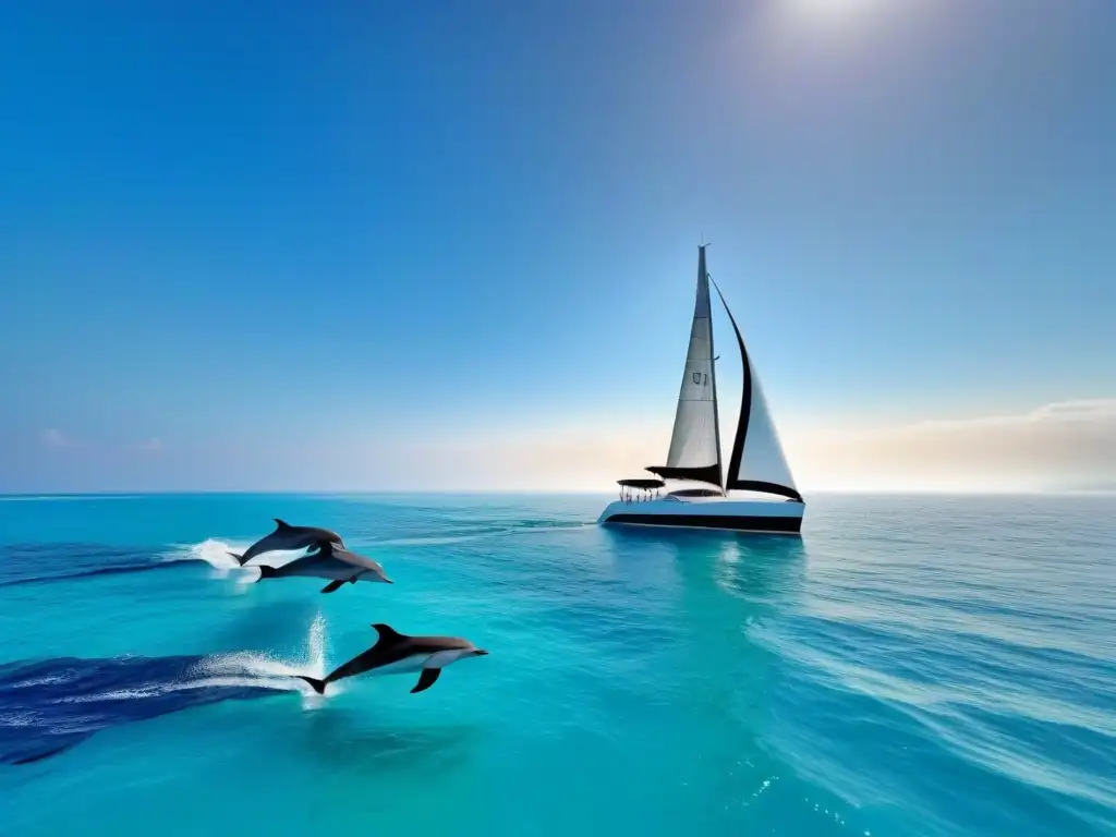 Sailboat and dolphins enjoying a sunset on crystal-clear waters