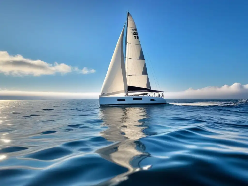 Un velero moderno navega con elegancia en aguas cristalinas bajo un cielo despejado