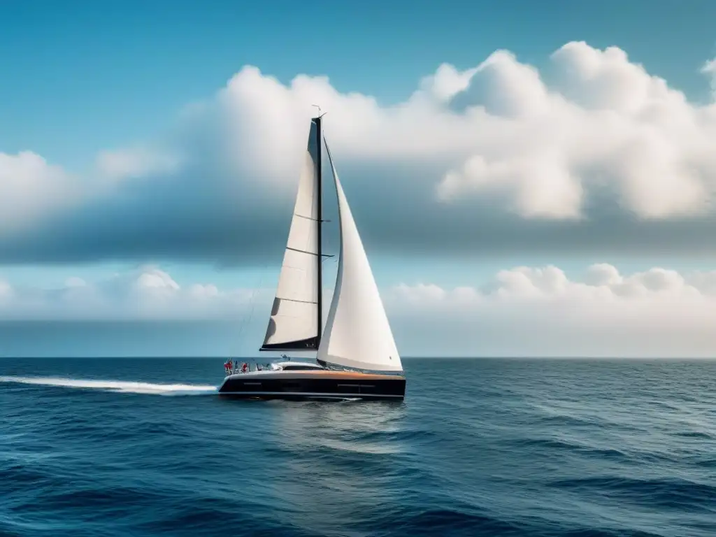 Un velero moderno y elegante surcando el agua con precisión y determinación, simbolizando la motivación en regatas marítimas