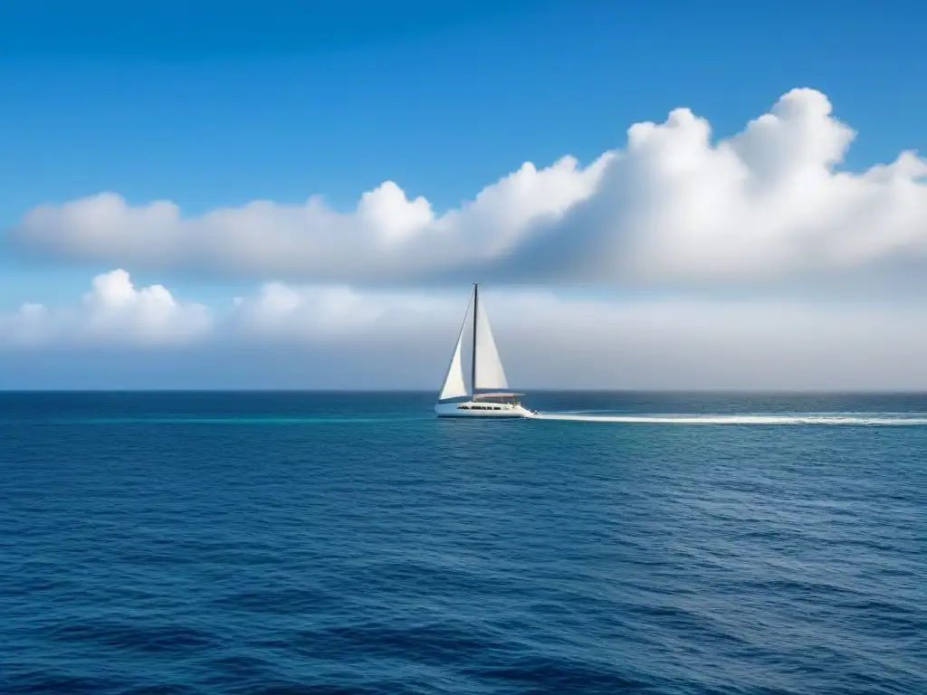 Un velero moderno y elegante navegando en aguas cristalinas bajo un cielo azul despejado