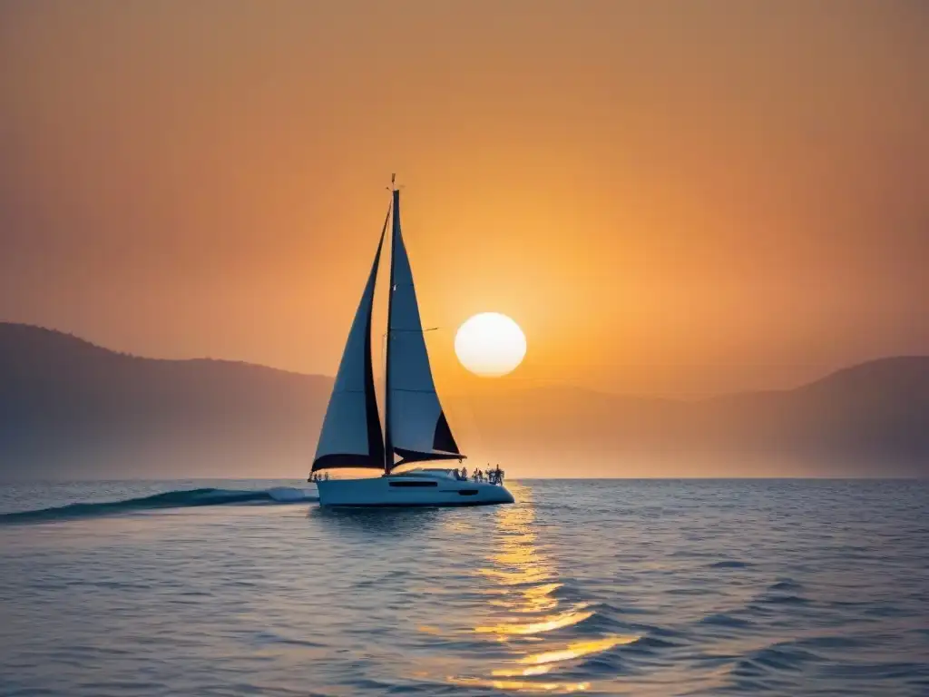 Un velero moderno surca el océano al atardecer, evocando historias navegantes conquistaron mares