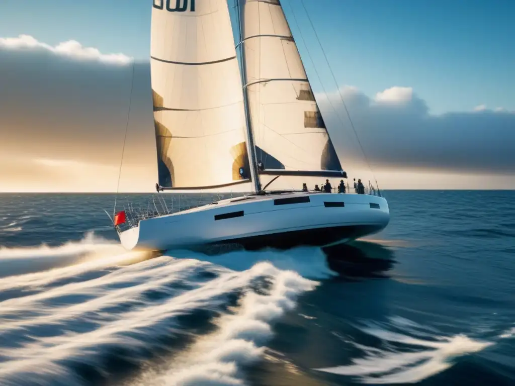 Un velero moderno en una regata al atardecer, con velas blancas ondeando sobre el mar azul