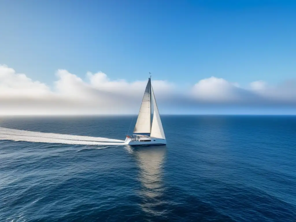 Tranquilidad y aventura en el mar: velero blanco navegando Un velero surcando un océano sereno y vasto bajo un cielo azul claro, evocando libertad y aventura
