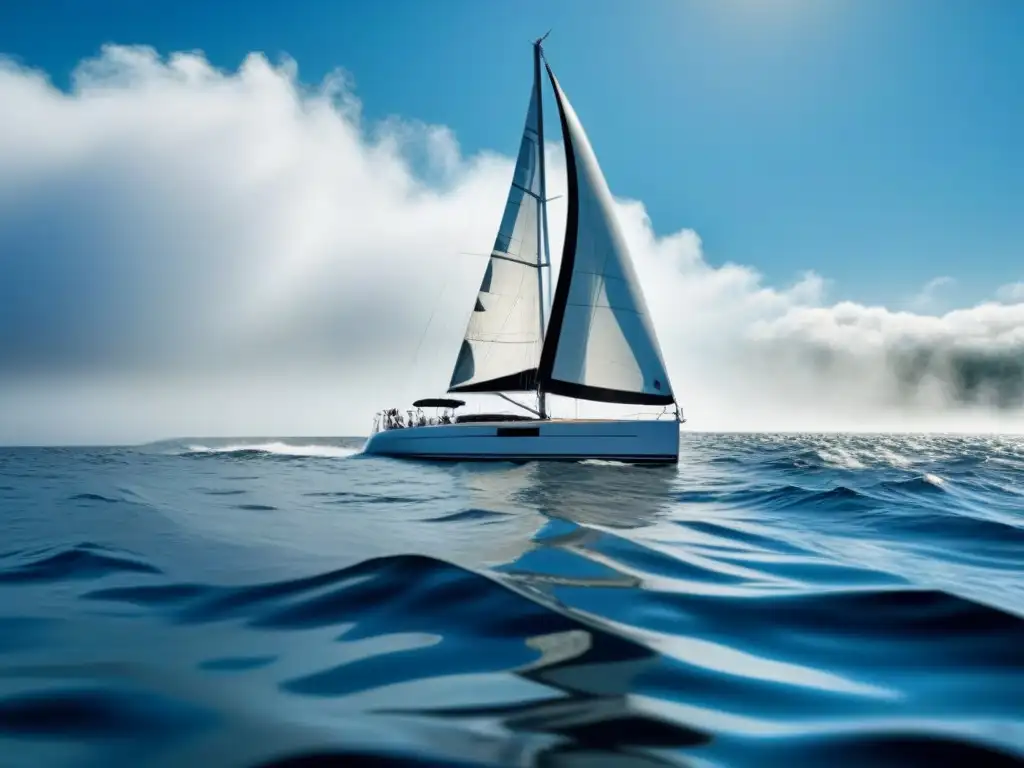 Un velero plateado surca el agua azul cristalina con sus velas ondeando al viento, transmitiendo motivación en regatas marítimas