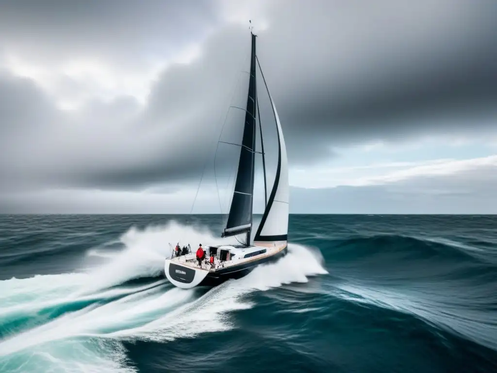 Un velero de regatas desafiando las olas marítimas con un cielo dramático