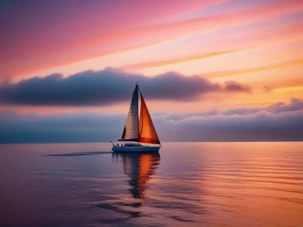 Un velero solitario navega serenamente al atardecer en un mar tranquilo