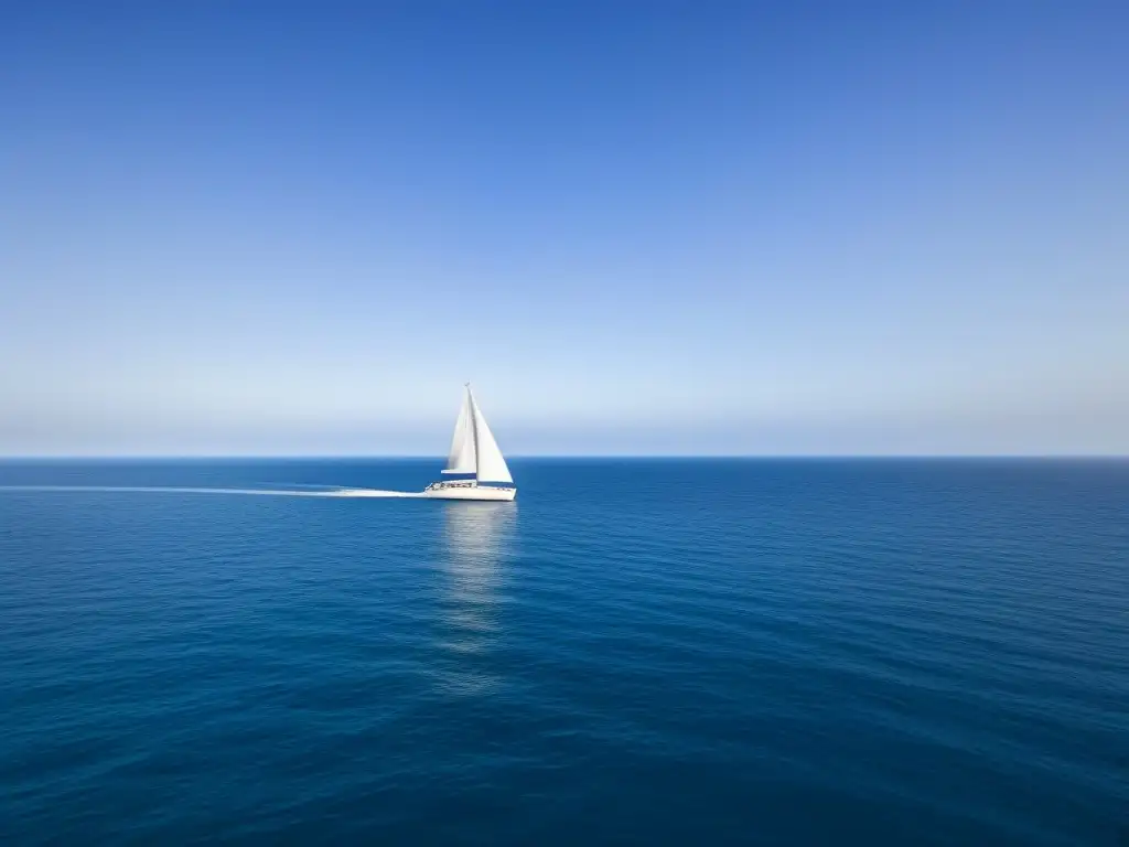 Tranquilidad en alta mar: velero solitario en aguas cristalinas Un velero solitario surca con gracia aguas cristalinas en un paisaje minimalista de tranquilidad y libertad en Fotografía azul profundo marítimo