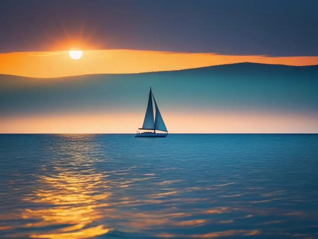 Un velero solitario navega en un mar sereno al atardecer, reflejando la calma y los colores pastel del cielo