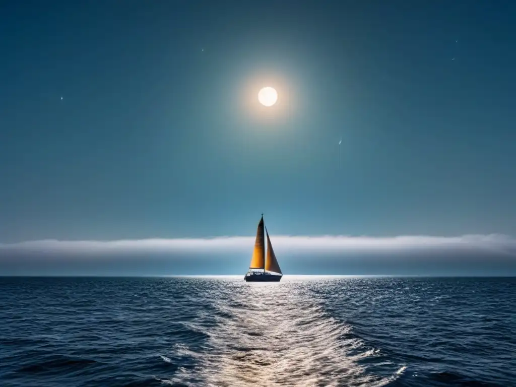 Un velero solitario navega de noche en aguas tranquilas, bajo un cielo estrellado y la luz de la luna