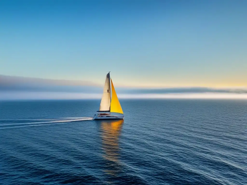 Un velero solitario se desliza graciosamente por un océano tranquilo bajo un cielo azul, creando una atmósfera de serenidad y libertad