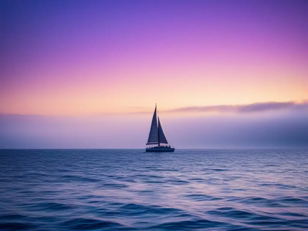 Un velero solitario navega en un vasto mar sereno al atardecer, con un cielo rosado y morado reflejándose en el mar