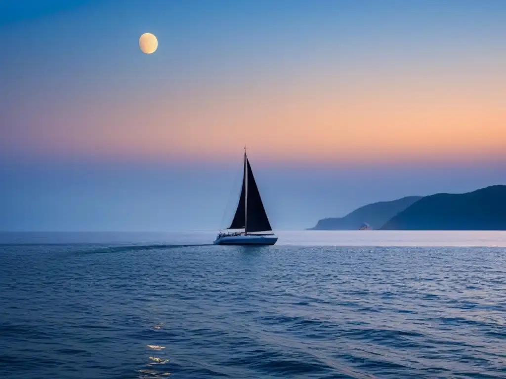 Un velero surca serenamente el mar en regatas nocturnas en cruceros, bajo un cielo estrellado y la luz de la luna